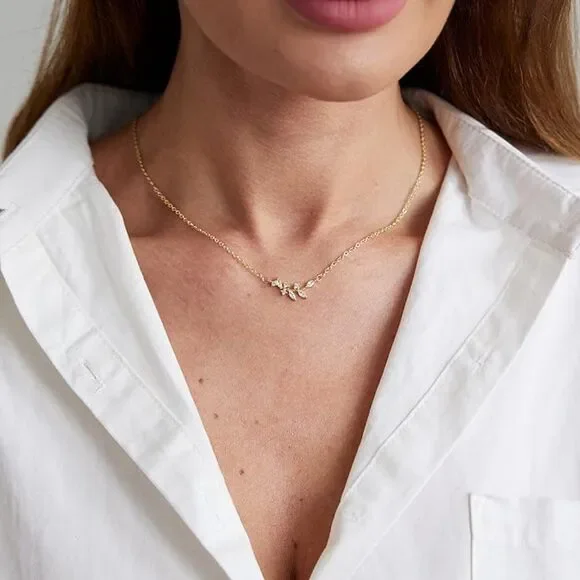 Olive Leaf Necklace 14K Gold Plated CZ Cubic Zirconia Gift for Her Mom Gift